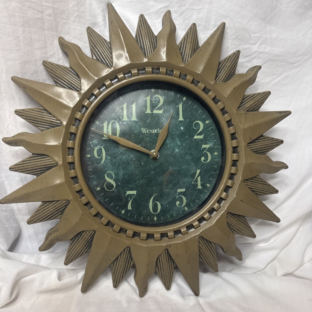 Westclox Sunburst Wall Clock MCM Style Bronze Gold & Teal Retro Decor Celestial